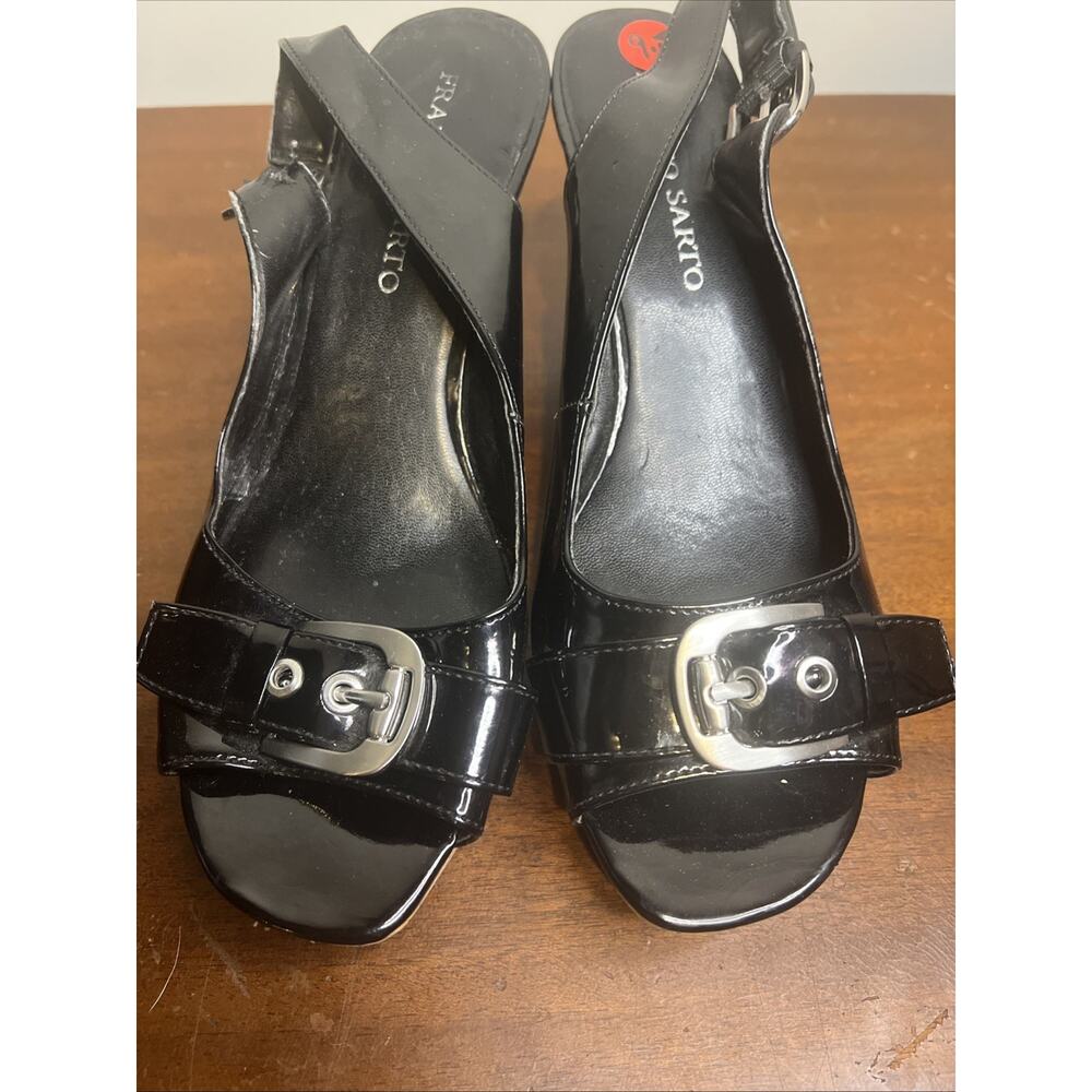 Franco Sarto Wedge Sandal Black Patent Leather‎ Cork Wedge Silver Buckle Sz 9.5